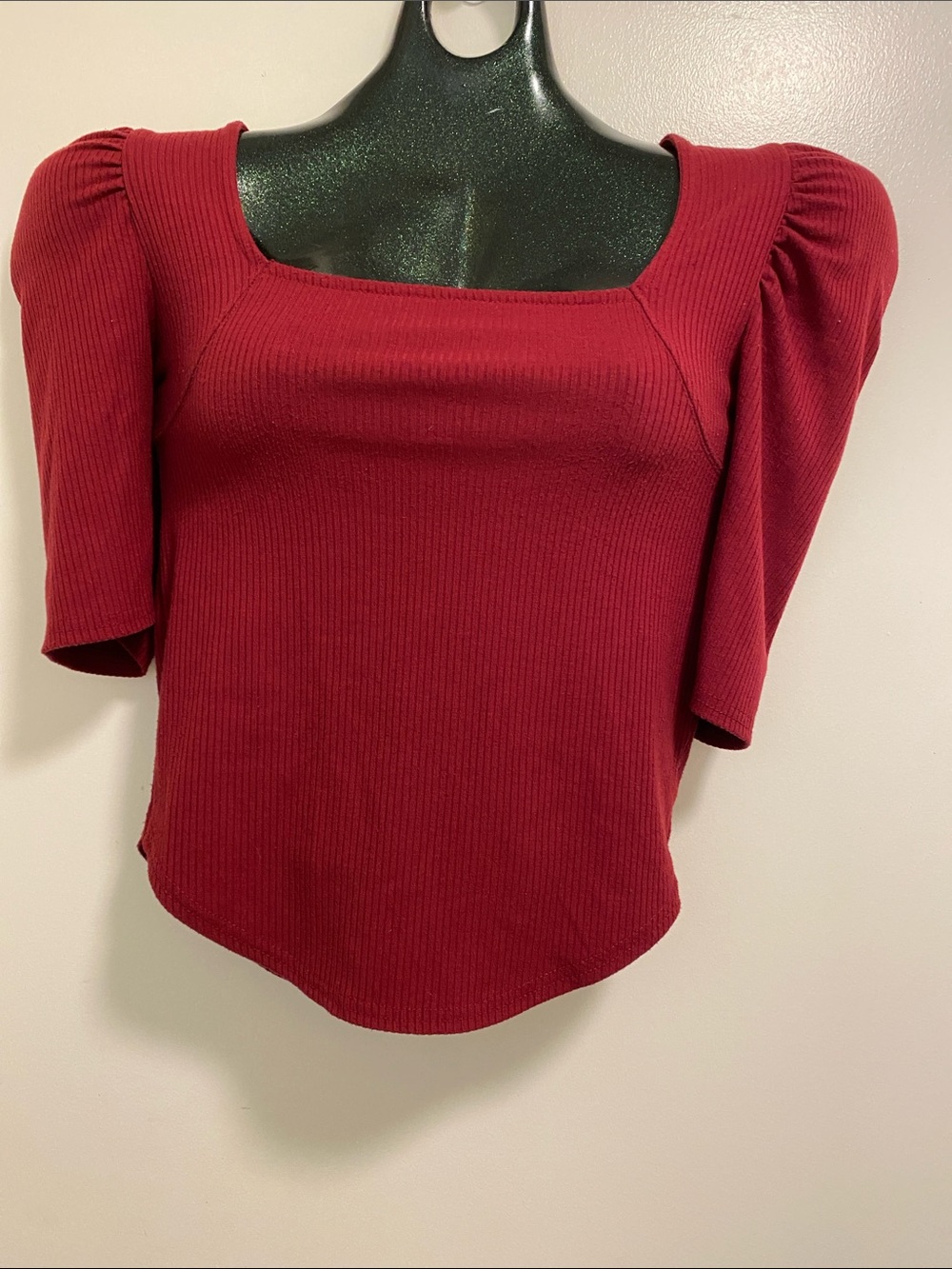 We The Free Square Neck Ribbed Puff Sleeve Top in Burgundy Red
